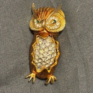 Vintage Gold and Silver Owl Brooch with Rhinestones